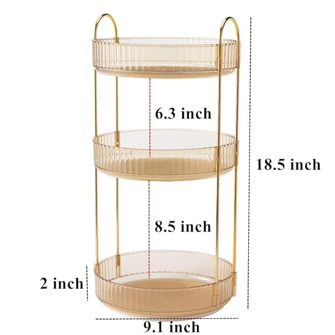 360 Rotating Makeup Organizer - High-Capacity Skincare & Cosmetics Organizer for Vanity, Bathroom or Dresser (3 Tiers, Amber)-VivaGrace Women