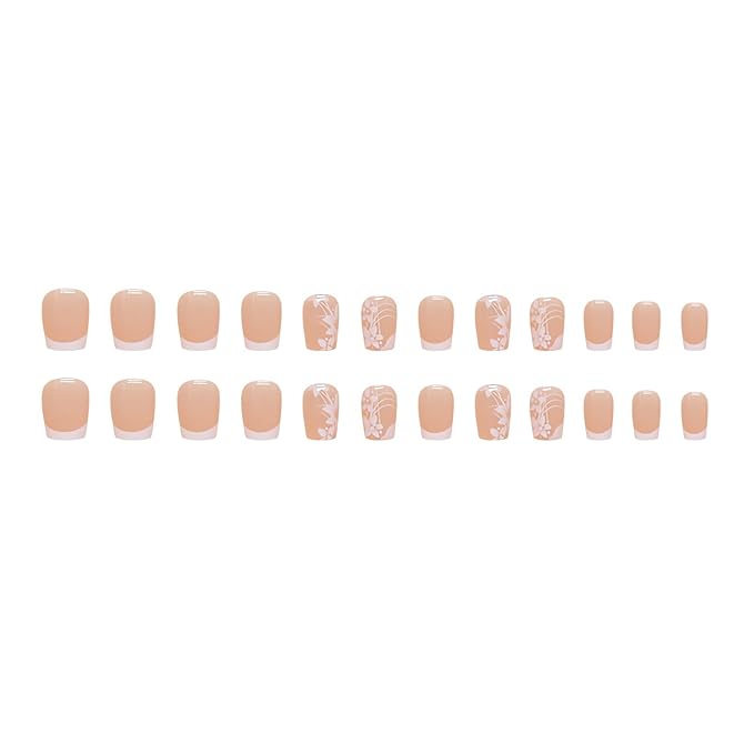 Short Square Press on Nails White French Fake Nails with Flower Designs Glossy Full Cover Stick on Nails Short Small Flowers Artificial Acrylic False Nails White Floral Glue on Nails for Women 24Pcs