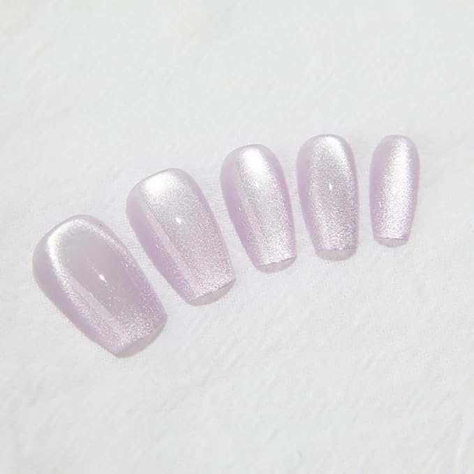 Summer Press On Nails, Cat Eye Medium Coffin Press On Nails, Crystal Glow Design Light Purple Magnetic Nails, Ice Glossy Gel Fake Nails, Reusable Acrylic Stick On Nails for Women, Sugar Frost