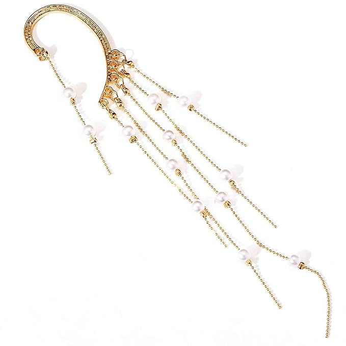 Boho Pearl Ear Wrap Earrings Gold Pearl Ear Cuff Earrings Long Drop Tassel Pearl Earrings Festival Gothic Earrings Non Piercing Ear Climber Cartilage Earrings Jewelry for Women and Girls-VivaGrace Women