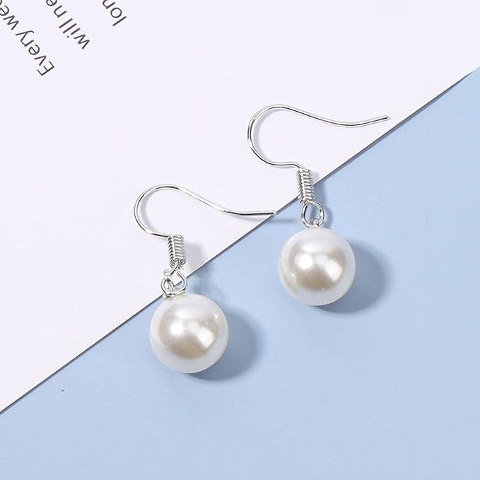 Boho Pearl Hook Earrings Freshwater Pearl Drop Earrings Silver Round Dangle Earrings Bridal Earrings Jewelry for Women and Girls Bridesmaid Gifts-VivaGrace Women