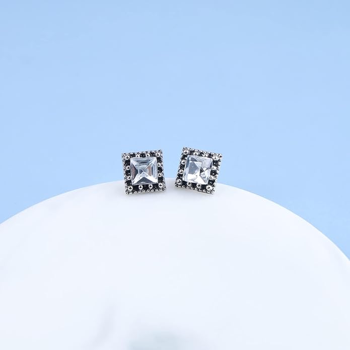 Boho Tiny Crystal Square Earrings Silver Cz Square Earrings Cz Rhinestone Square Stud Earrings Silver Geometric Earrings Jewelry for Women and Girls-VivaGrace Women