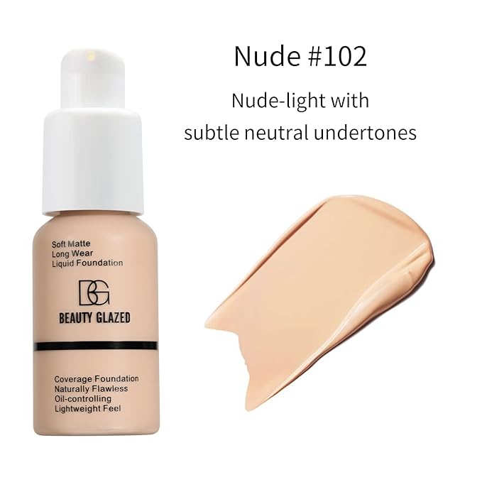 Beauty Glazed Soft Matte Silky Full Coverage Liquid Foundation, Multi-Use Buildable Foundation Lightweight Feel Oil Control Longwear Naturally Flawless Coverage Foundation (102 Nude)-VivaGrace Women