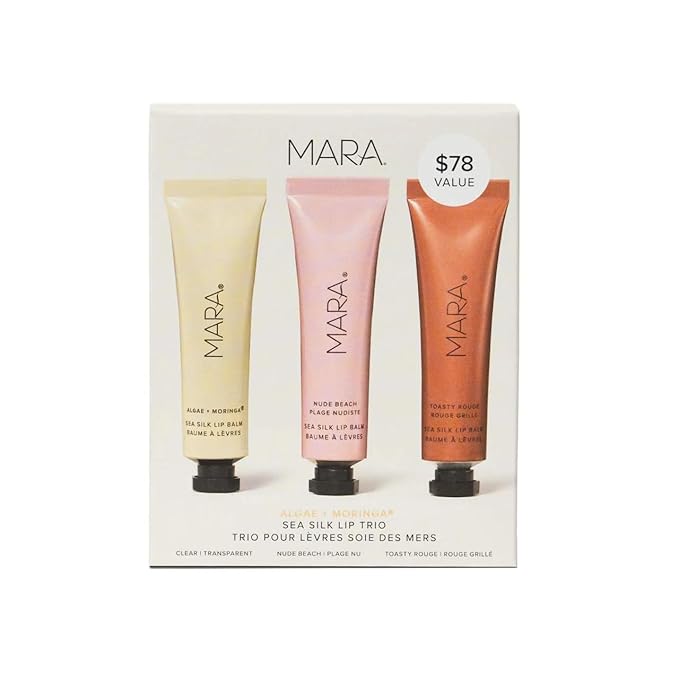 MARA - Sea Silk Lip Balm Trio | Non-Toxic, Plant-Based Skin Care, Hypoallergenic | Moisturize, Plump + Soothe Dry, Chapped Lips | Clear, Nude Beach, & Toasty Rouge (3 Piece Set)-VivaGrace Women