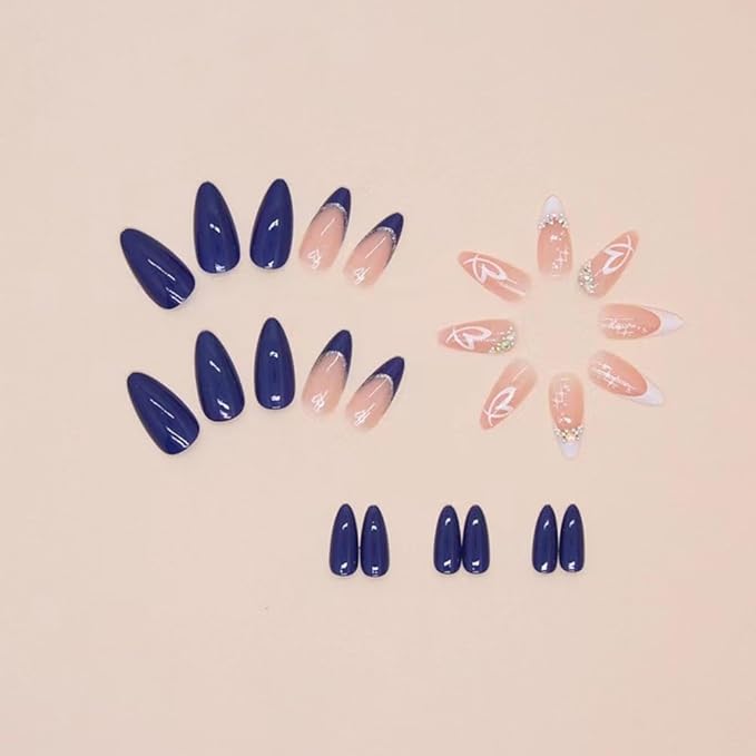 Stiletto Press on Nails Medium Blue Fake Nails Heart False Nails with Design Rhinestone Glue on Nails Artificial French Acrylic Nail Glossy Full Cover Stick on Nails for Women Girls Manicure 24pcs