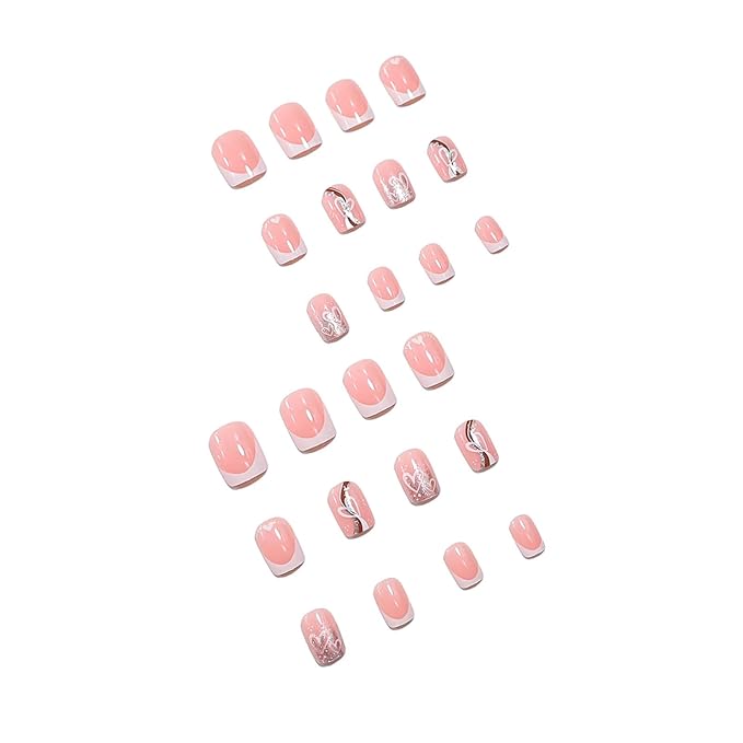 Medium Square Press on Nails White French Tip Fake Nails Gold Sparkly False Nails with Heart Designs Valentine Day Glue on Nails Glossy Artificial Nails Cute Stick on Nails for Women 24Pcs