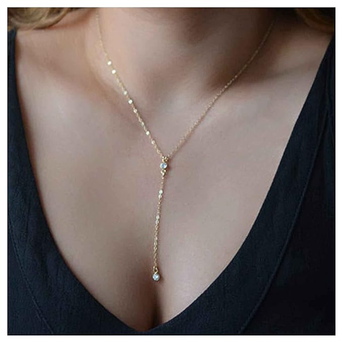 Boho Crystal Y Drop Necklace Choker Gold Long Y Necklace Chain Minimalist Cz Lariat Necklace Classic Simple Y Lariat Necklace Jewelry for Women and Girls Gifts-VivaGrace Women