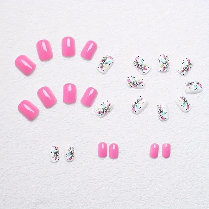 24Pcs Flower Press on Nails Short Square Fake Nails with Designs Cute False Nails Full Cover Glossy Stick on Nails Spring Summer Glue on Nails Pink Acrylic Artificial Nails for Women Daily Wear