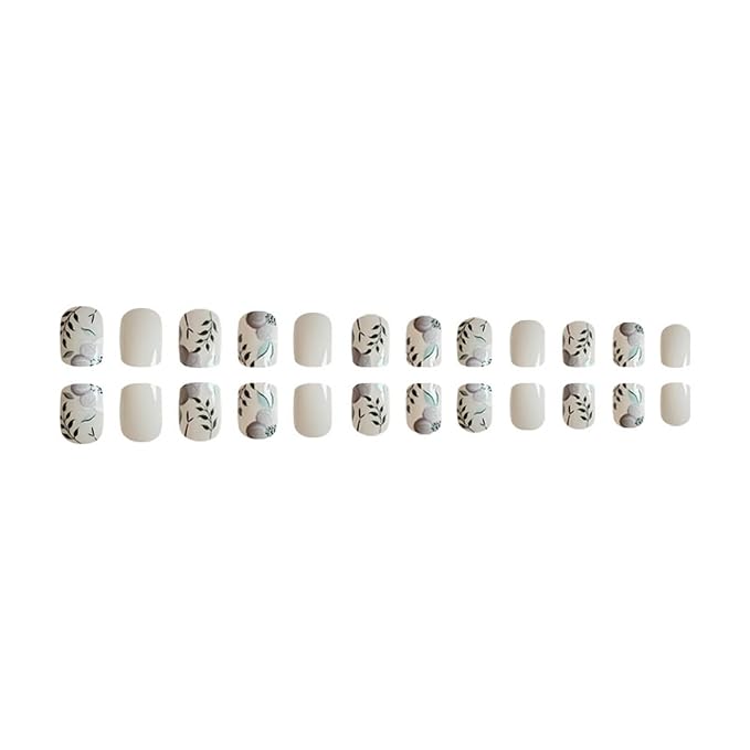 24 Pcs Short Square Flower nails Press on Nails Pure White False Nails with Floral and Leaves Design Acrylic Nails Glossy floral Reusable Fake Nails Fully Cover Stick on Nails for Women and Girls