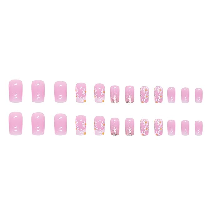 Square Press on Nails Medium, Pink Fake Nails Spring False Nails with Daisy Flower Designs, Glossy Full Cover Artificial Nails Medium Stick on Nails Cute Glue on Nails, 24 Pcs