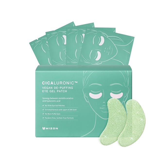 MIZON Cicaluronic Vegan De-puffing Eye Gel Patch, 24K Gold & Cica Under Eye Mask, Reduces Puffy Eyes, Dark Circles and Wrinkles (21 pairs)-VivaGrace Women
