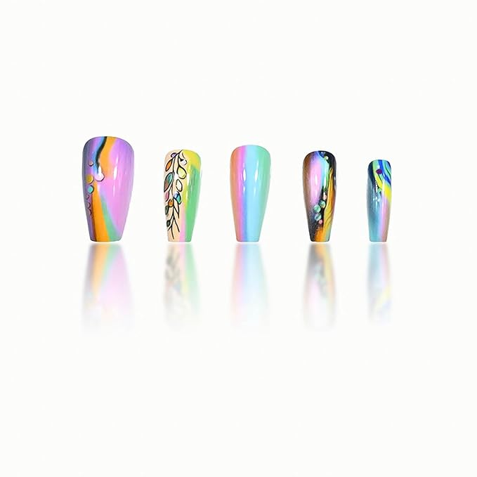 Coffin Press on Nails Medium Length Fake Nails Sparkly False Nails with Designs Colorful Artificial Nails Glossy Glue on Nails Cute Stick on Nails for Women 24Pcs