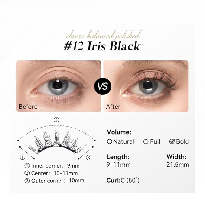 Soft Magnetic Eyelashes Kit with Applicator, No.12 Iris Black, Reusable Glue-free Wispy Magnetic Lashes, Cruelty-free False Lashes, Waterproof, Lightweight, Suit for Heavy Makeup-VivaGrace Women