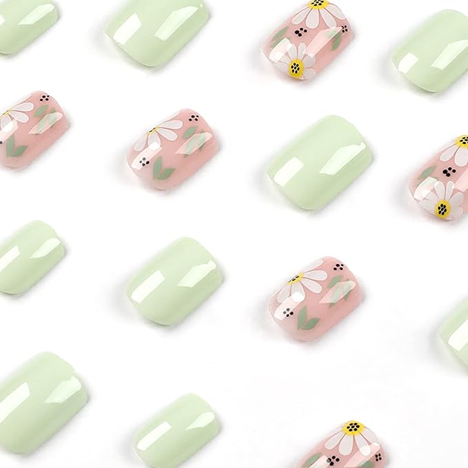 Press on Nails Short Square False Nails with Flower Designs Green Fake Nails with Nail Glue Spring Glue on Nails Summer Acrylic Nails Glossy Artificial Nails for Women and Girls