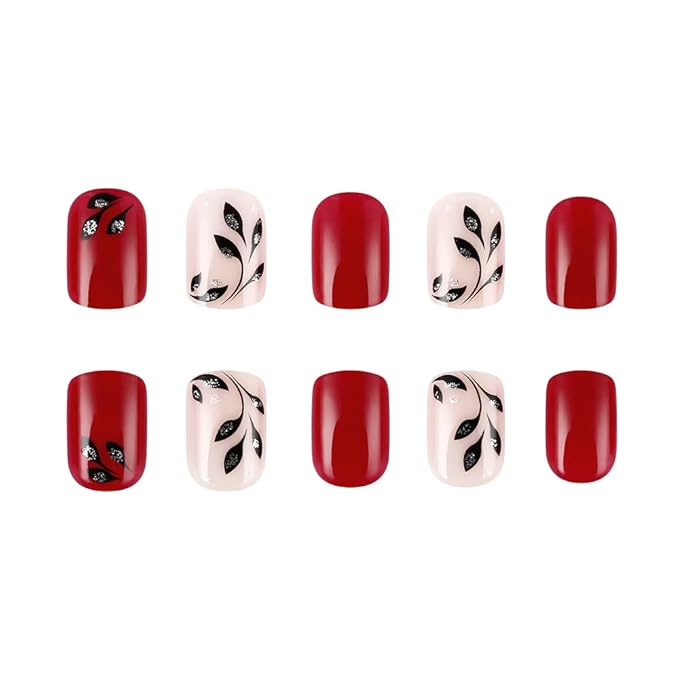 Red Press On Nails Short Square, Leaf Glitter Design Short False Nails, Reusable Stick On Fake Nails with Glue For Women, 12Sizes-24Salon Quality Nail Kit, Gift for Woman
