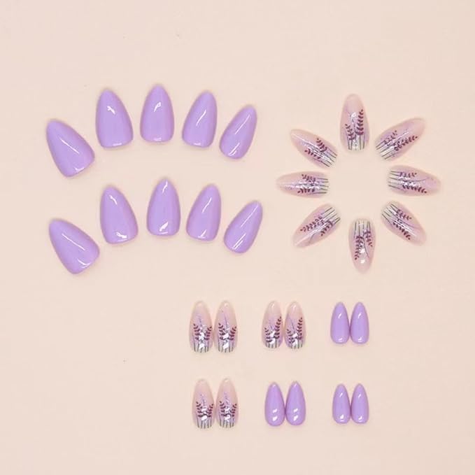 Purple Press on Nails Medium Almond Fake Nails Lavender False Nails with Design Flower Glue on Nails Glossy Full Cover Reusable Artificial Acrylic Stick on Nails For Women Girls Manicure 24PCS