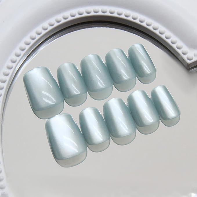 KQueenest Light Green Cat Eye Press on Nails Short Coffin, 30 Pcs Glitter Fake Nails Press ons, Acrylic Glue on Nails Shiny Sparkle False Nails Reusable Stick on Nails for Women Daily Wear