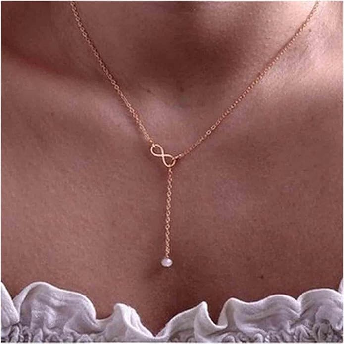 Boho Pearl Infinity Necklace Silver Y Pearl Necklace Minimalist Chain Y Lariat Necklace Chain Jewelry for Women and Girls-VivaGrace Women