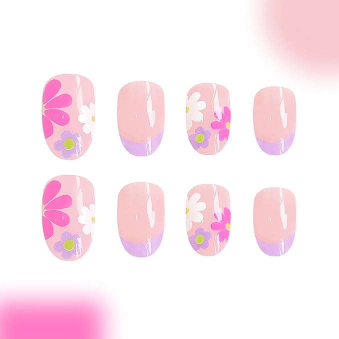 24Pcs Short Press on Nails Almond Fake Nails French Tip Press Ons Colorful Daisy Flowers Acrylic Nails Nude Pink Full Cover Glue on Nails Oval Floral False Nails for Women Girls DIY Manicure Tips