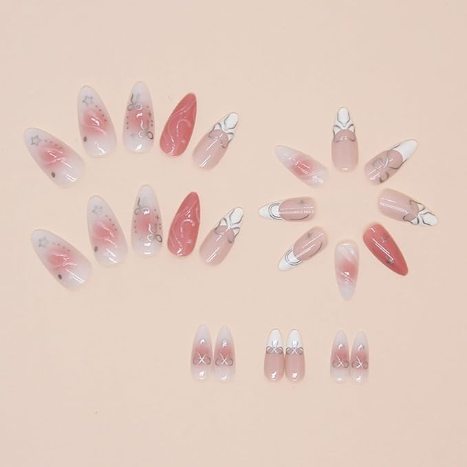 24Pcs Silver Bow Press on Nails Medium Almond French Tip Fake Nails with 3D Star Heart Design Pink White False Nails Full Cover Artificial Glue on Nails Handmade Stick on Nails for Women DIY Manicure