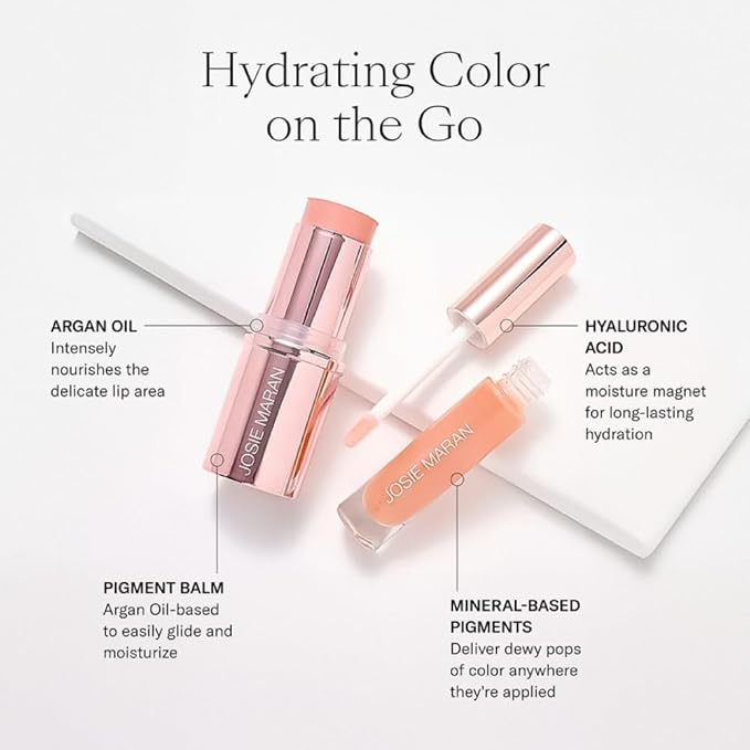 Josie Maran Color Stick & Lip Gloss Makeup Set - Argan Oil-Based Makeup Balm for Lips, Cheeks & Eyes + Hyaluronic Acid Infused Plumping Lip Gloss (2 Piece Set)-VivaGrace Women