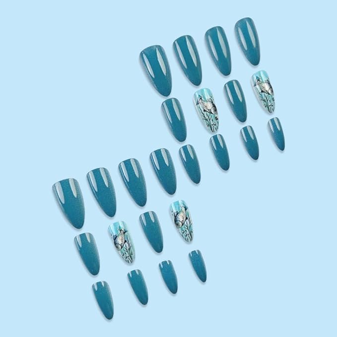 Blue Press on Nails Ocean Medium Almond Fake Nails with Design Fish Glue on Nails Glossy Summer Nails Press on,Reusable False Nails for Women Girls Manicure 24pcs