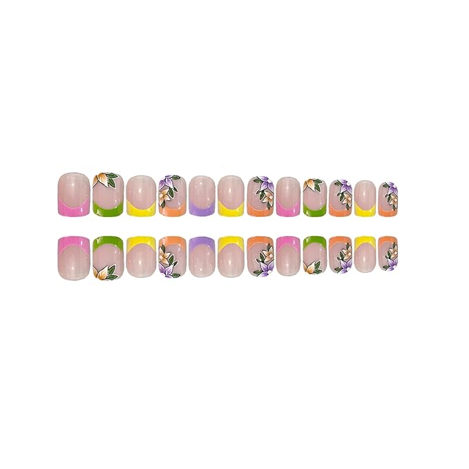 French Tip Press-on Nails: Short Square Fake Nails with Cute Flower Designs, Acrylic, Gloss Finish - Spring Colors Set for Women's Manicure