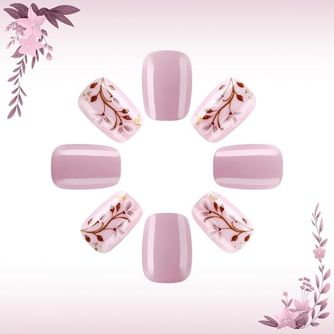 24Pcs Short Press on Nails Flower Nails Press ons Flower Square Fake Nails with Glitter Designs Purple Summer Glue on Nails Floral Artificial Acrylic False Nails for Women