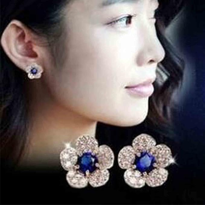 Boho CZ Flower Studs Earrings Silver Crystal Earrings Blue Flower Earrings Studs Wedding Earrings Jewelry for Women and Girls-VivaGrace Women