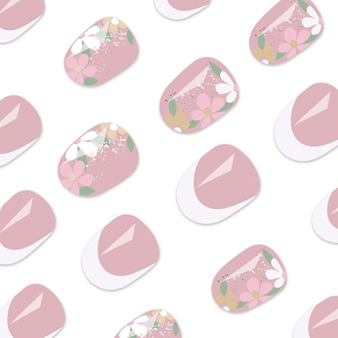 White French tips Press on Nails Medium Almond Fake Nails with Design White Flower Glue on Nails Glitter Glossy Spring Nails Reusable Summer False Nails for Women Girls Manicure 24pcs