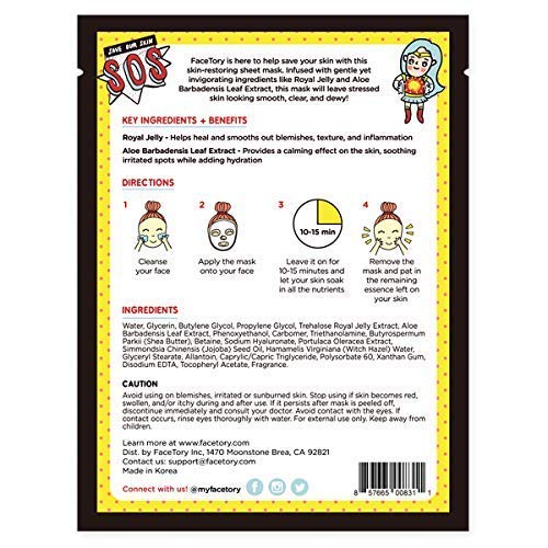 FACETORY K Beauty Face Mask Skin Care - SOS SAVE OUR SKIN RESTORING Sheet Mask with Royal Jelly & Aloe | Calm Inflammation, Dewy Skin (5 Pack)