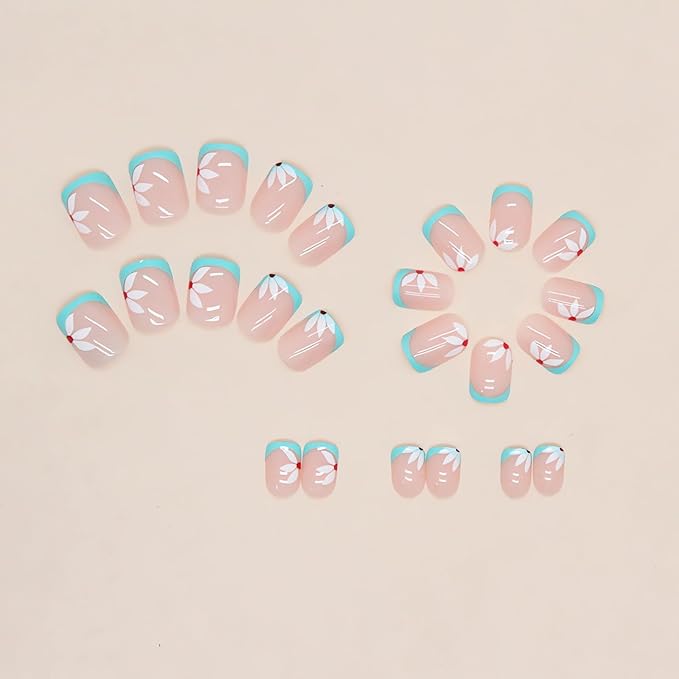 Elegant Light Green False Nails - 24 Pcs Press On Nails with White Flower Designs, French Acrylic Tips, Full Cover Glue On Nails
