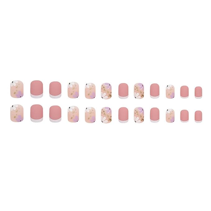 French Tip Press on Nails Short Petite Fake Nails Square Matte False Nails with Flower Designs Acrylic Nails Cute Extra Short Pink Glue on Nails Reusable Artificial Stick on Nails for Women Girls