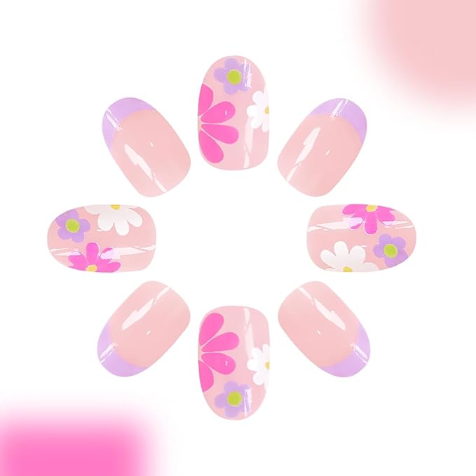 24Pcs Short Press on Nails Almond Fake Nails French Tip Press Ons Colorful Daisy Flowers Acrylic Nails Nude Pink Full Cover Glue on Nails Oval Floral False Nails for Women Girls DIY Manicure Tips
