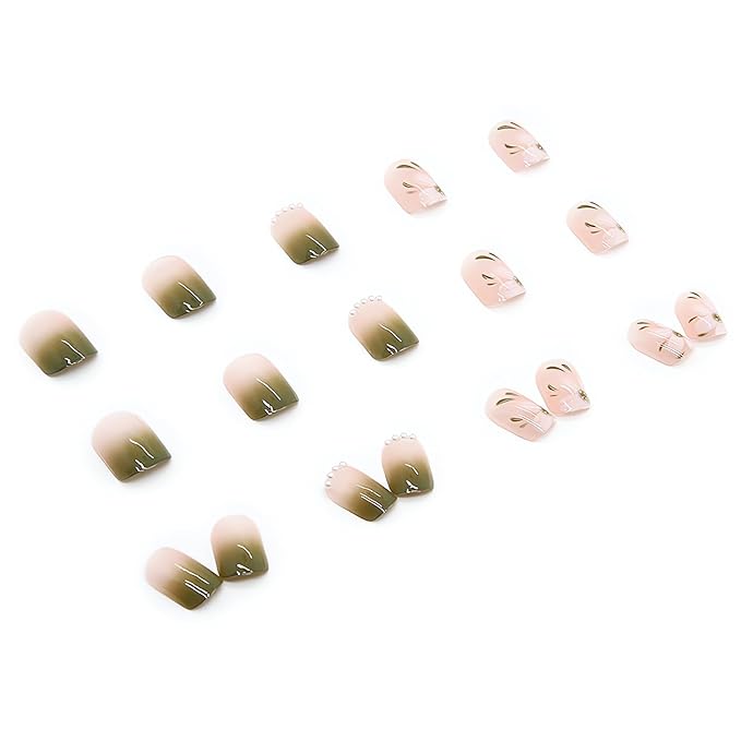 Short Square Fake Nails Spring Green Press on Nails Glossy False Nails with Flower Designs Short Acrylic Nails Full Cover Artificial Glue on Nails Stick on Nails for Women Nail Decorations, 24pcs