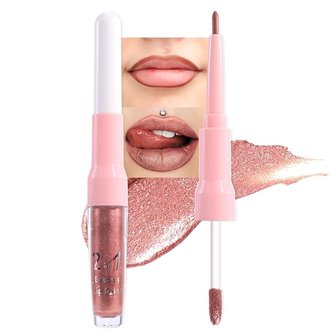 evpct Bronze Gold Metallic Glitter Lip Liner and Lipstick Combo Lip Gloss Stain Set Makeup for Women Long Lasting Waterproof 24, Rose Gold Metallic Shimmer Frosted Iridescent Glossy Liquid Lipstick 14-VivaGrace Women