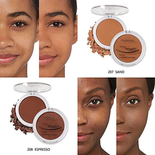 AQUAPURITY PHOERA Sheer Matte Compact Powder Fixing Powder Makeup Base Fixer Setting Powder Foundation Fixing Compact Pressed Powder Long Lasting Make Up Fixer Skin Vitamin E Beauty Blender (207 SAND)-VivaGrace Women