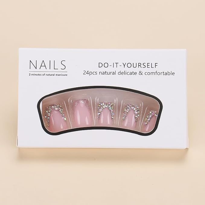 Short Press on Nails Square Nails with Rhinestone Design French Tips Cute Nails Press on Fake Nails for Girls(Pink & Silver)