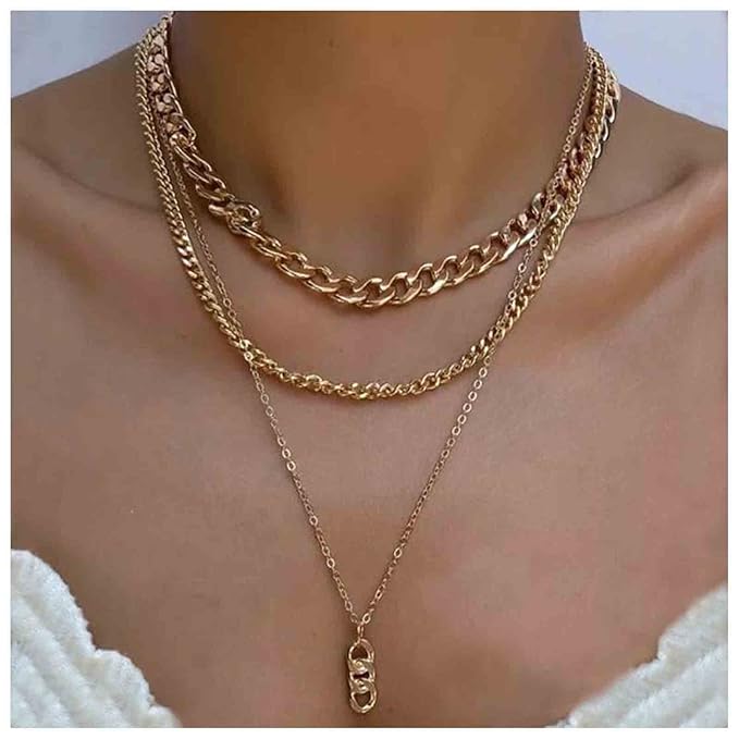 Punk Layered Necklace Choker Gold Cable Chain Necklace Vintage Chain Drop Necklace Multi Layer Necklace Set Jewelry for Women and Girls Gifts-VivaGrace Women