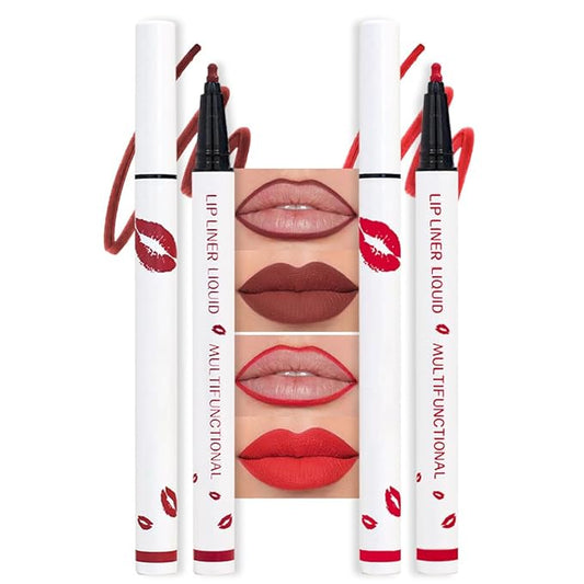 2Pcs Longwear Liquid Lip Liner Stain Marker Pen Set Long Lasting Waterproof, Dark Ruby Red Matte Semi Permanent 24 Hour Lip Liner and Lipstick Combo, Color Stay Lipliner All Day, Lips Stain peel off-VivaGrace Women