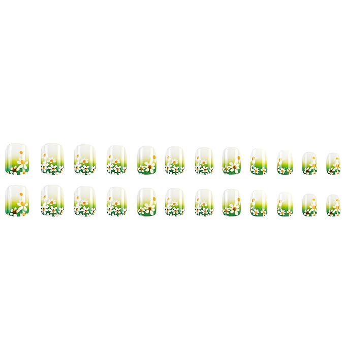 Small Flower Press on Nails Short Square Fake Nails Full Cover White Daisy Gradient Green Glue on Nails Short Spring Summer Stick on Nails Glossy Acrylic False Nails Glue on Nails for Women
