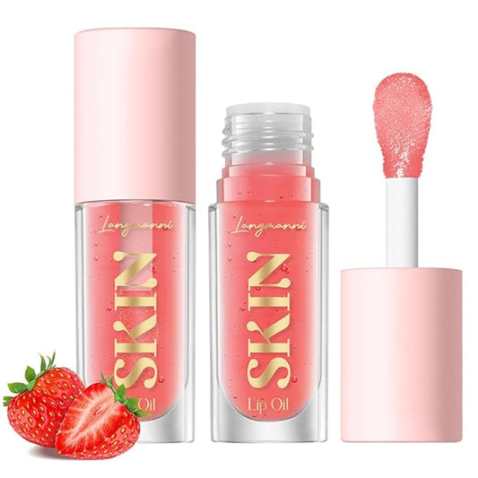 Big Brush Head Lip Glow Oil Plumping Tint, Tinted Lip Balm Transparent Lip Care, Moisturizing Non-sticky Fresh Shiny Texture Lip Oil - Strawberry (Pink)-VivaGrace Women