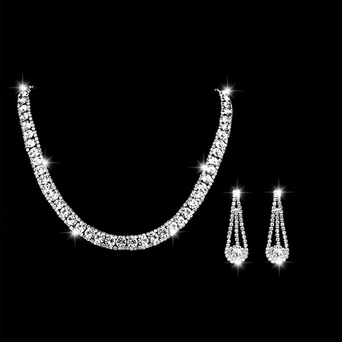 Yean Bride Silver Necklace Earrings Set Rhinestone Bridal Wedding Jewelry Sets Crystal Choker Necklace for Women (Set 3)-VivaGrace Women