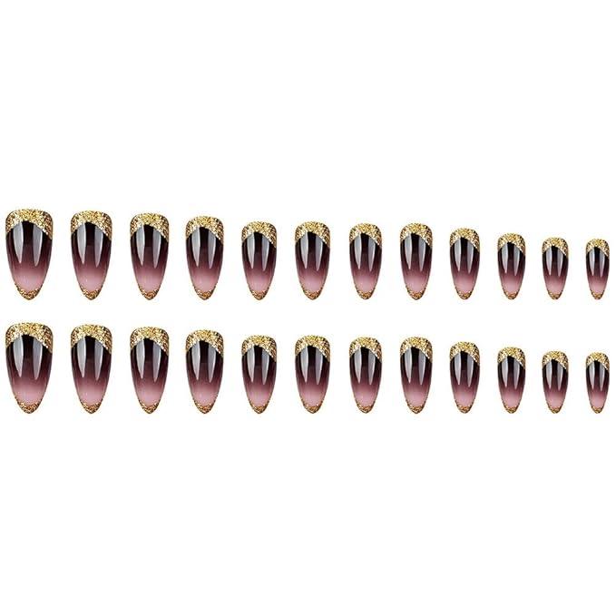 Gold French Tip Press on Nails Medium Almond Fake Nails with Gold Glitter Designs Ombre Brown False Nails Ballerina Stick on Nails Glossy Reusable Summer Acrylic Nails for Women Girls Manicure 24Pcs