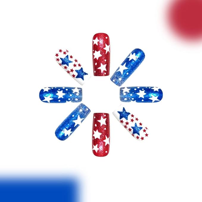 Independence Day Press on Nails Medium Square Fake Nails with White Star Design Red Blue Glitter Stick on Nails Summer False Nails Glossy 4th of July Acrylic Nails for Women Girls Manicure 24Pcs