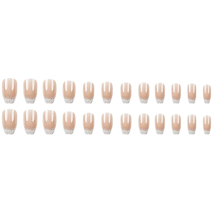 Coffin Press on Nails Medium Fake Nails White Ombre False Nails with Glitter Designs Medium Ballet Shaped Glue on Nails Glossy Artificial Nails Natural Stick on Nails for Women 24Pcs