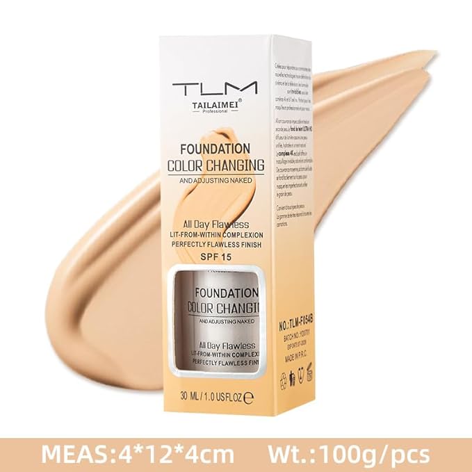 TLM Foundation Color Changing,TLM Colour Changing Liquid Foundation Hides Wrinkles & Lines,BB Cream Makeup Base Concealer Cover Moisturizing Fluid for all Skin Tone SPF15(30ML)-VivaGrace Women