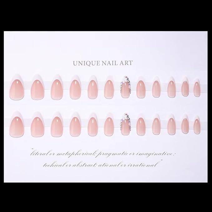 White French Tip Press On Nails - Medium Almond Fake Nails with Diamond Design, Rhinestone Flower, Glue On, Artificial Acrylic Glossy Full Cover Stick On Nails - 24pcs