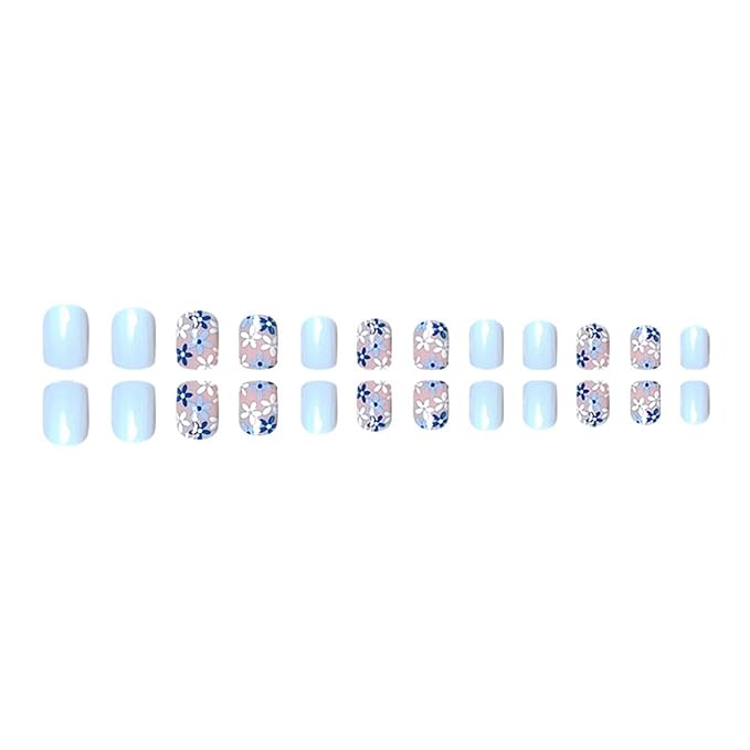 OCOUYVD Flower Fake Nails Extra Short Press on Nails Square Cute Blue False Nails with Small Floral Designs Acrylic Nails Spring Press on Nails Glossy Artificial Nails for Women Manicure