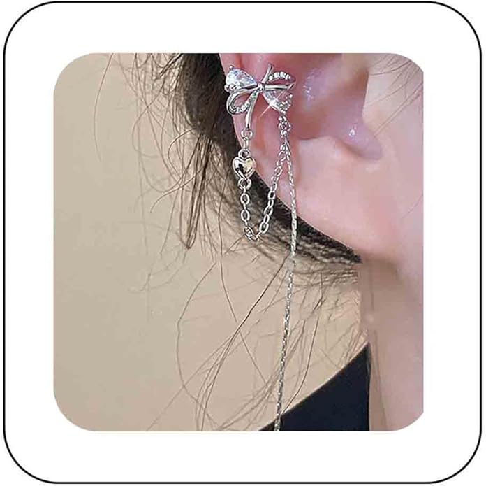 Vintage Crystal Bow Ear Cuff Earrings Rhinestone Bow Cuff Earrings Silver Long Chain Tassel Earrings Cz Chain Dangle Earrings Jewelry for Women-VivaGrace Women